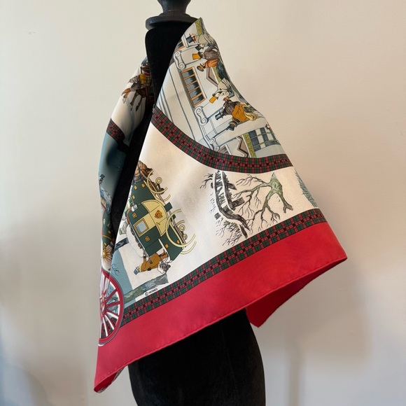 Authentic Hermes Vintage Holiday Silk Scarf with Red and Green Accents - Picture 8 of 11